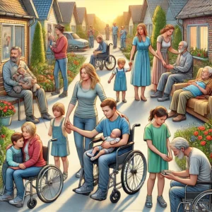 A man in a wheelchair with his family and other people around him, Bürgergeld, гражданска помощ